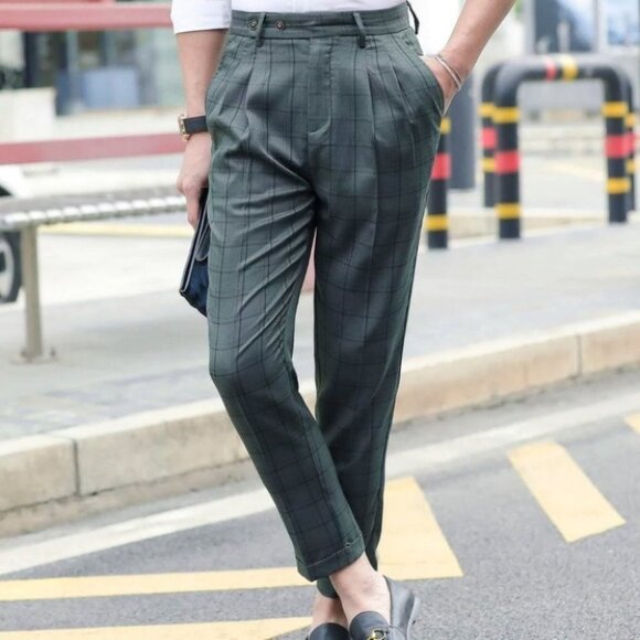 Green Preppy Men's Grid Tailored Pants - Picture 5 of 8